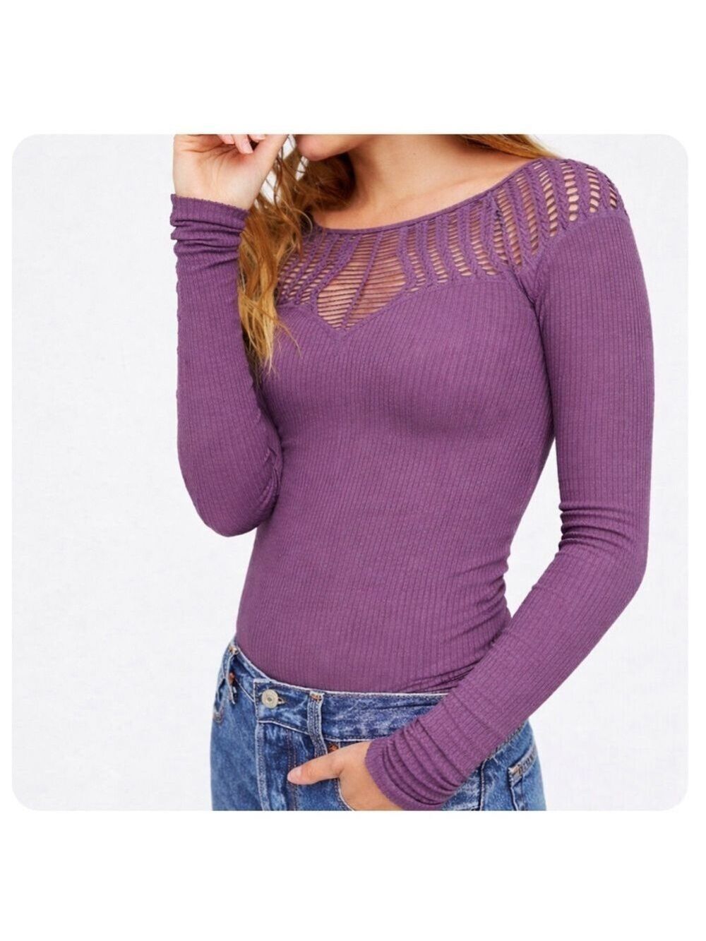 Free People Ribbed Purple Long Sleeve laser cut Dusty lavender Top m/l